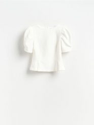 Bluzka z bufiastymi rękawami - złamana biel. Bluzki damskie Reserved, l, bez wzorów, z tkaniny, bez kołnierzyka, bez ramiączek. Za 119.99 zł.