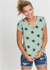 Bawełniany T-shirt we wzór w gwiazdki. Niebieskie t-shirty damskie bonprix, bez wzorów, z bawełny, bez kołnierzyka. Za 64.99 zł.