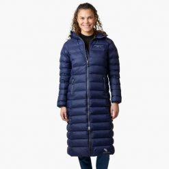 Kurtka damska hiking wodoodporna wiatroszczelna oddychająca Östersund Long. Niebieskie kurtki damskie SWEDEMOUNT, bez wzorów, z puchu, bez kaptura, trekkingowe. Za 899.99 zł.