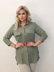 Klasycza koszula Cler w kolorze khaki z długim rękawem do pracy PLUS SIZE XXL. Brązowe bluzki damskie Nasi partnerzy, plus size, bez wzorów, z poliesteru, biznesowe, bez kołnierzyka, plus size, bez ramiączek. Za 199.90 zł.