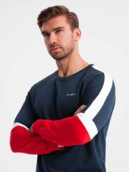 Trójkolorowa męska dresowa bluza z raglanowymi rękawami – granatowa V2 - Rozmiar: M. Niebieskie bluzy męskie Ombre Clothing, m, bez wzorów, z bawełny, bez kaptura. W wyprzedaży za 99.99 zł.