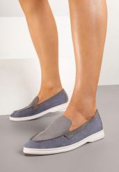 Szaro-Niebieskie Mokasyny Ozdobione Przeszyciami Fonaleia. Szare mokasyny damskie Renee, z jeansu, eleganckie. Za 59.99 zł.