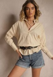 Beżowa Koszula z Lnu i Bawełny z Ozdobnym Haftem Valkio. Brązowe bluzki damskie Renee, l, bez wzorów, z bawełny, eleganckie, bez kołnierzyka, bez ramiączek. Za 69.99 zł.