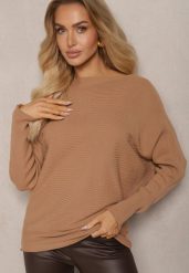 Beżowy Sweter o Klasycznym Kroju i Dekoltem w Łódkę Valorvia. Brązowe swetry damskie Renee, m, bez wzorów, z jeansu, biznesowe, bez kołnierzyka, bez ramiączek, bez kaptura. Za 99.99 zł.