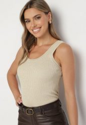 Beżowy Top z Wiskozą Obszyty Metaliczną Nicią Nerevana. Brązowe bluzki damskie Born2be, m, bez wzorów, z dzianiny, biznesowe, bez kołnierzyka, bez ramiączek. Za 54.99 zł.