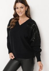Czarny Sweter w Stylu Nietoperza z Cyrkoniami i Cekinami Nevalithia. Czarne swetry damskie Born2be, bez wzorów, wizytowe, bez kołnierzyka, bez ramiączek, bez kaptura. Za 129.99 zł.