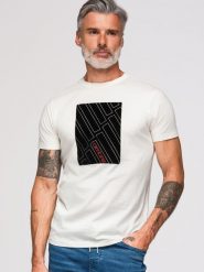 Męski T-shirt bawełniany z geometrycznym nadrukiem - biały V1 - Rozmiar: S. Białe t-shirty męskie Ombre Clothing, m, z aplikacjami, z bawełny, wizytowe, bez kołnierzyka. W wyprzedaży za 59.99 zł.