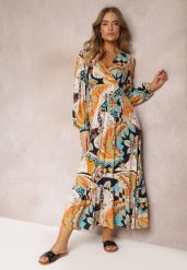 Beżowa Kopertowa Sukienka Maxi w Fantazyjny Nadruk Leanda. Brązowe sukienki damskie Renee, l, bez wzorów, bez kołnierzyka, bez ramiączek, maxi, kopertowe. Za 79.99 zł.