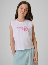4F Koszulka bez rękawów z nadrukiem dziewczęca - biała 146 (10-11 lat). Białe t-shirty i topy dla dziewczynek 4f, bez wzorów, z bawełny, bez ramiączek. Za 39.99 zł.