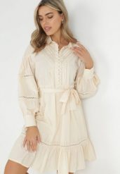 Beżowa Koszulowa Sukienka z Bufiastym Rękawem i Ażurowymi Wstawkami Staples. Brązowe sukienki damskie Born2be, l, w ażurowe wzory, vintage, bez kołnierzyka, bez ramiączek, mini, koszulowe. Za 219.99 zł.