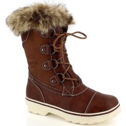 Kozaki zimowe "Maia" w kolorze brązowym. Brązowe kozaki damskie Kimberfeel, z materiału, bez obcasa. W wyprzedaży za 329.95 zł.