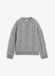 Gruby sweter ze wzorem w warkocze. Szare swetry damskie bonprix, bez wzorów, z wełny, bez kołnierzyka, bez ramiączek, bez kaptura. Za 149.99 zł.
