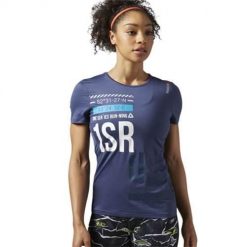 Koszulka treningowa damska Reebok S94253. Niebieskie koszulki sportowe damskie Reebok, l, bez wzorów, z materiału, bez kołnierzyka. Za 174.00 zł.