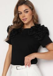 Czarny Bawełniany T-shirt Koszulka z Krótkim Rękawem Ozdobiona Aplikacją z Falbankami Aristine. Czarne bluzki damskie Born2be, l, z aplikacjami, z bawełny, klasyczne, bez kołnierzyka. Za 84.99 zł.