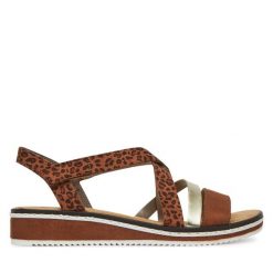 Sandały Rieker. Brązowe sandały damskie Rieker, bez wzorów, bez obcasa, na koturnie, bez zapięcia. Za 299.99 zł.