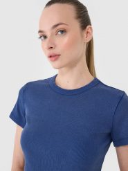 4F T-shirt slim z prążkowanej dzianiny damski - granatowy XS. Niebieskie koszulki sportowe damskie 4f, xs, bez wzorów, z bawełny, klasyczne, bez kołnierzyka. W wyprzedaży za 39.99 zł.