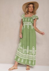 Zielona Wiskozowa Sukienka Rozkloszowana w Ornamentalny Wzór Lisaretia. Zielone sukienki damskie Renee, na co dzień, l, z aplikacjami, z wiskozy, eleganckie, bez kołnierzyka, bez ramiączek, maxi, rozkloszowane. Za 59.99 zł.
