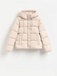 Krótka kurtka z kapturem - kremowy. Białe kurtki damskie Reserved, l, bez wzorów, z tkaniny, z kapturem. Za 219.99 zł.