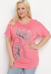 Różowy T-shirt z Ozdobnym Nadrukiem i Cyrkoniami Colilena. Czerwone bluzki damskie Born2be, uniwersalny, bez wzorów, eleganckie, bez kołnierzyka. Za 39.99 zł.