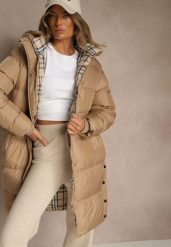 Ciemnobeżowa Kurtka z Pikowanymi Przeszyciami o Długim Fasonie z Kapturem Gineffa. Brązowe kurtki damskie Renee, l, bez wzorów, z jeansu, z kapturem. Za 199.99 zł.