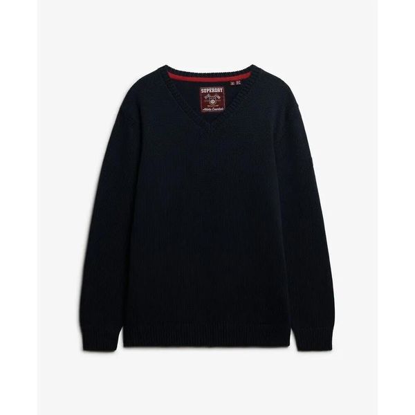 Damski oversize sweter z dekoltem w serek Superdry. Czarne swetry damskie Superdry., s, z aplikacjami, eleganckie, bez kołnierzyka, bez ramiączek, bez kaptura. Za 275.00 zł.