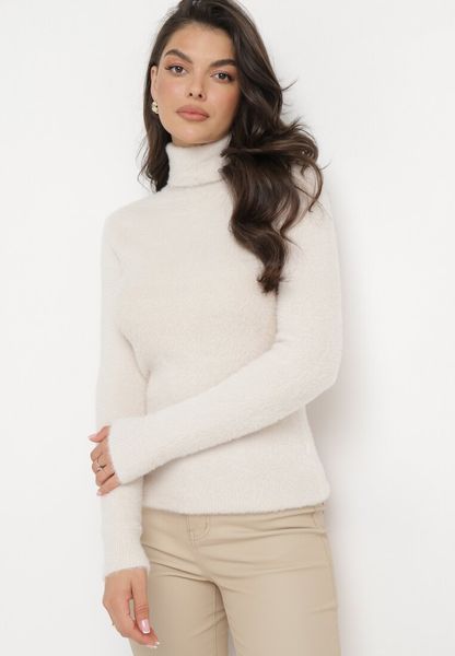 Beżowy Elastyczny Golf z Puszystej Tkaniny z Wełną Doulcet. Brązowe swetry damskie Born2be, l, bez wzorów, z materiału, bez kołnierzyka, bez ramiączek, bez kaptura. Za 59.99 zł.