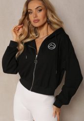 Czarna Bluza Rozpinana z Wyszytą Emotką i Kapturem Cornoria. Czarne bluzy damskie Renee, l, bez wzorów, z dzianiny. Za 59.99 zł.