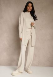 Beżowy Komplet z Dzianiny z Wiskozą Spodnie Bluzka ze Stójką i Kardigan Vetisene. Brązowe bluzki damskie Renee, l, bez wzorów, z dzianiny, bez kołnierzyka, bez ramiączek. Za 229.99 zł.