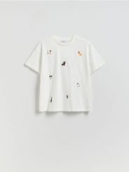 Bawełniany T-shirt z haftem - biały. Białe t-shirty damskie Reserved, l, bez wzorów, z bawełny, bez kołnierzyka. Za 79.99 zł.