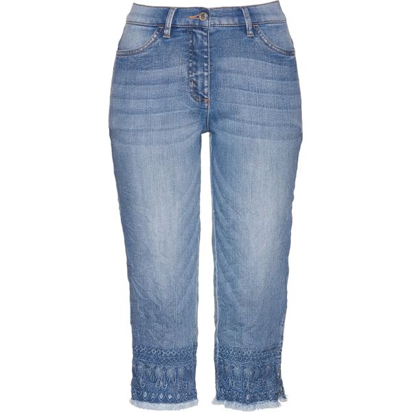 Dżinsy rybaczki z haftem. Niebieskie jeansy damskie bonprix. Za 129.99 zł.