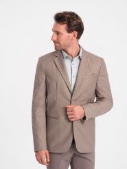 Męska klasyczna marynarka z kieszenią na poszetkę - beżowa V3 OM-BLZB-0115 - XXL. Brązowe marynarki męskie Ombre Clothing, bez wzorów, z poliesteru, klasyczne. Za 309.99 zł.