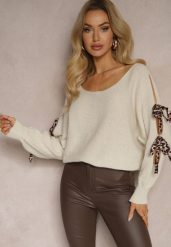 Beżowy Nietoperzowy Sweter z Moherem Ozdobiony Wiązaniami w Panterkowy Print Semitha. Brązowe swetry damskie Renee, bez wzorów, z jeansu, casualowe, bez kołnierzyka, bez ramiączek, długie, bez kaptura. Za 59.99 zł.