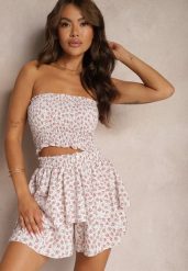 Biało-Różowy 2-Częściowy Komplet Marszczony Top Bandeau Szorty Imitujące Spódnicę z Gumką Qalifea. Białe spódnice damskie Renee, na lato, m, bez wzorów, z materiału. Za 39.99 zł.