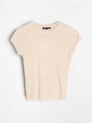 Koszulka z wiskozy - beżowy. Brązowe t-shirty damskie Sinsay, l, bez wzorów, z wiskozy, bez kołnierzyka. Za 19.99 zł.