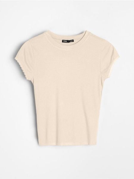 Koszulka z wiskozy - beżowy. Brązowe t-shirty damskie Sinsay, l, bez wzorów, z wiskozy, bez kołnierzyka. Za 19.99 zł.