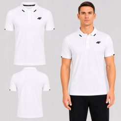 KOSZULKA MĘSKA POLO 4F SPORTOWA BAWEŁNIANA BIAŁA TPTSM0772. Białe koszulki polo męskie 4f, m, bez wzorów, z bawełny, bez kołnierzyka, bez ramiączek, na fitness i siłownię. Za 99.99 zł.