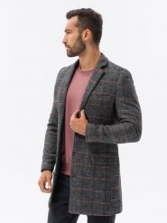 Jednorzędowy płaszcz męski w kratę - czarny V2 - Rozmiar: XL. Czarne płaszcze męskie Ombre Clothing, m, bez wzorów, z poliesteru, bez kaptura. W wyprzedaży za 199.99 zł.