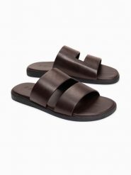 Męskie skórzane klapki z gumową podeszwą - czekoladowy brąz V2 - Rozmiar: 40. Brązowe klapki męskie Ombre Clothing, z gumy, casualowe. Za 469.99 zł.