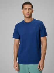 4F T-shirt regular gładki męski - granatowy M. Niebieskie t-shirty męskie 4f, m, bez wzorów, z materiału, klasyczne, bez kołnierzyka. Za 49.99 zł.