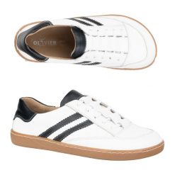 Sneakersy barefoot damskie Kaia Olivier buty skórzane białe z czarnym. Białe obuwie sportowe damskie bez wzorów, z materiału, trekkingowe. Za 438.49 zł.