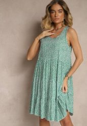 Zielona Sukienka z Bawełny Ozdobiona Kwiatami i Falbaną Zeloria. Zielone sukienki dla dziewczynek Renee, na lato, bez wzorów, z bawełny, eleganckie, bez ramiączek. Za 39.99 zł.