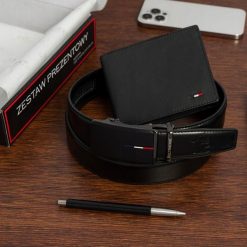 Zestaw prezentowy męski skórzany pasek portfel pudełko premium Beltimore Z49. Czarne paski damskie bez wzorów. Za 100.99 zł.