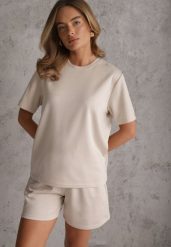 Beżowy Bawełniano-Wiskozowy Komplet Sportowy T-shirt i Szorty Areinna. Brązowe szorty sportowe damskie Renee, l, bez wzorów, z bawełny, eleganckie. Za 109.99 zł.