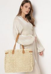 Jasnobeżowa Duża Torebka Tote Plażowa z Plecionki w Stylu Boho Delmirra. Brązowe torebki do ręki damskie Born2be, bez wzorów, z materiału, boho, duże, bez dodatków. Za 109.99 zł.