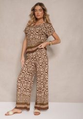 Ciemnobrązowy Komplet Spodnie i Bluzka z Bawełny w Ornamentalny Print Nanitria. Brązowe bluzki damskie Renee, m, bez wzorów, z bawełny, bez kołnierzyka, bez ramiączek. Za 44.99 zł.