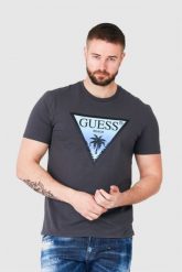 GUESS Grafitowy t-shirt męski z logo z palmą. Szare t-shirty męskie Guess, m, z aplikacjami, bez kołnierzyka. W wyprzedaży za 119.99 zł.