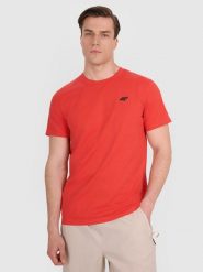 4F T-shirt regular gładki męski - czerwony 3XL. Czerwone koszulki sportowe męskie 4f, m, bez wzorów, z bawełny, klasyczne, bez kołnierzyka. Za 49.99 zł.