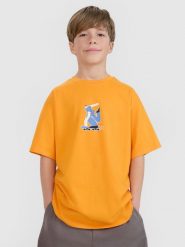 4F T-shirt oversize z nadrukiem chłopięcy - pomarańczowy 128 (7-8 lat). Brązowe t-shirty dla chłopców 4f, bez wzorów, z bawełny, bez ramiączek. W wyprzedaży za 19.99 zł.