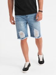 Krótkie męskie spodenki jeansowe z przetarciami i dziurami jasnoniebieskie V2 OM-SRDS-0157 XXL. Niebieskie krótkie spodenki sportowe męskie Ombre, m, bez wzorów, z jeansu. Za 317.70 zł.