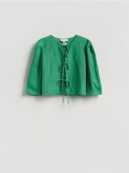 Lniana bluzka - zielony. Zielone bluzki damskie Reserved, l, bez wzorów, z tkaniny, bez kołnierzyka, bez ramiączek. Za 179.99 zł.